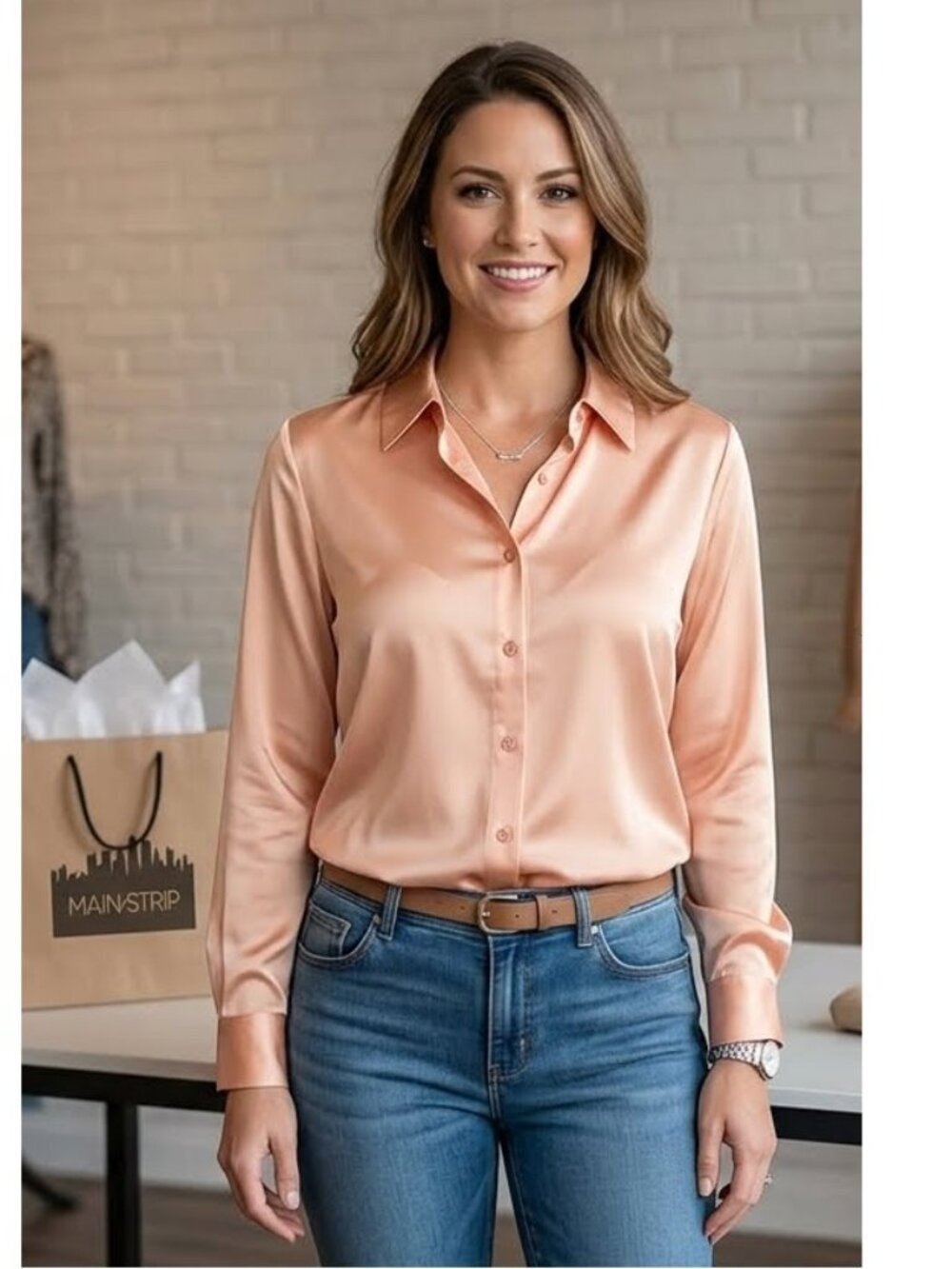 Main Strip Peach Button-Down Satin Blouse